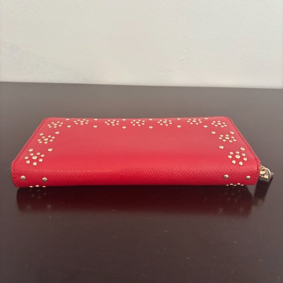 Coach Gold Border Stud Red Leather Zip Around Accordion Wallet - Picture 5 of 7